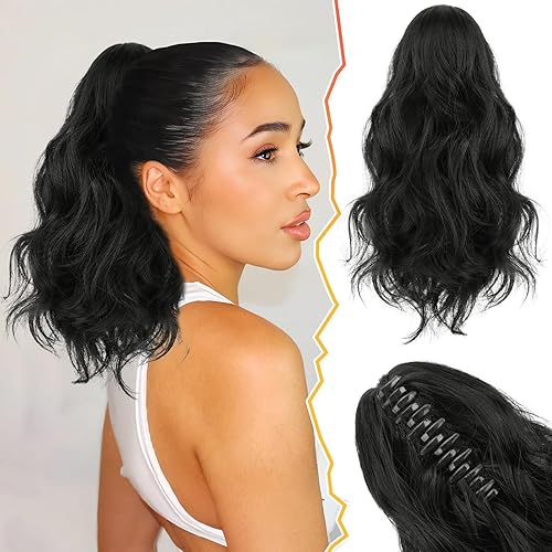 Miniatura 1 de BARSDAR Extensión de cola de caballo negra  Extensiones de cabello con clip de garra para mujer, 14 pulgadas, corto, ondulado, suave, sintético,