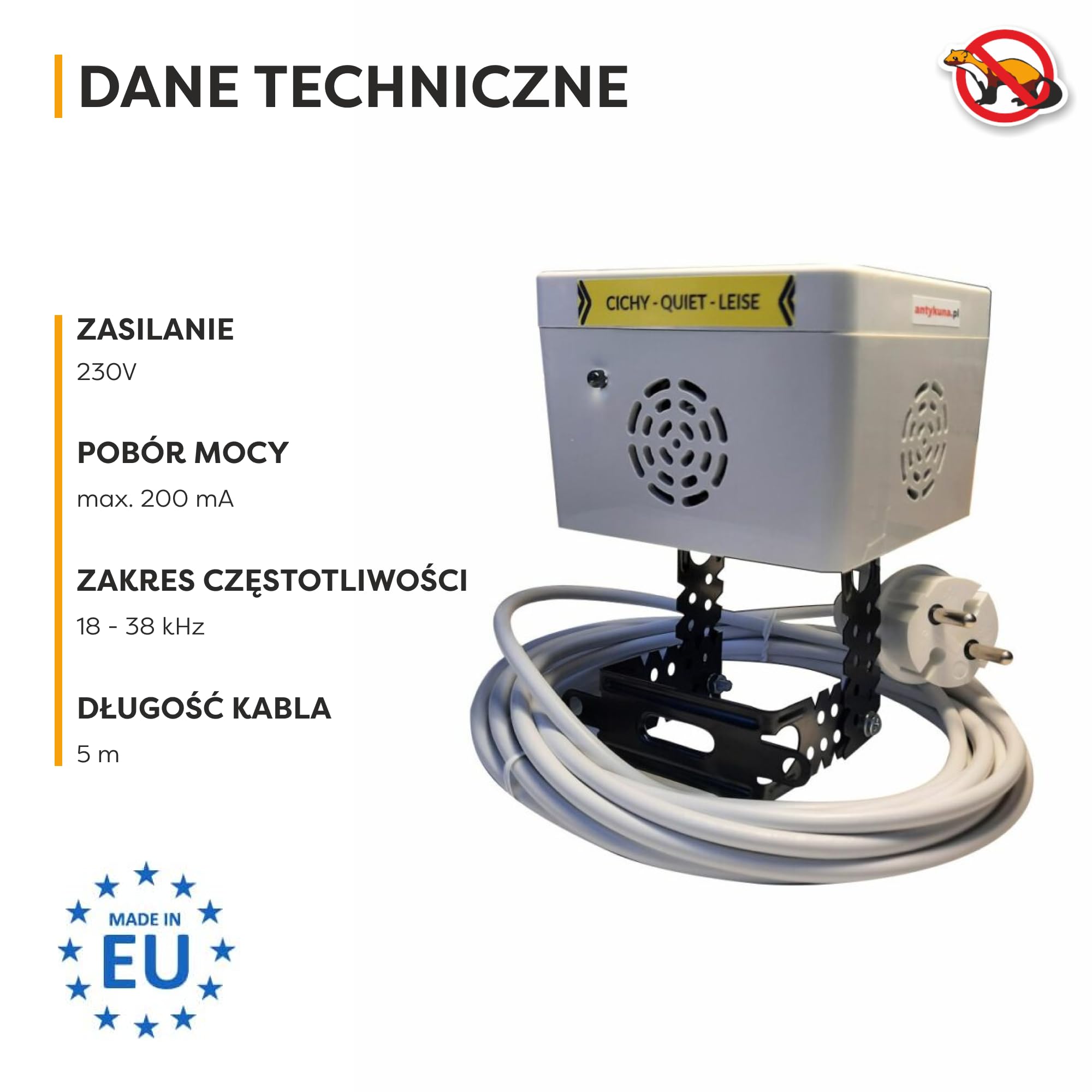 Odstraszacz gryzoni cichy Light | Hermetyczny, idealny na strych, poddasze | Działa w 5 Stron wokoło i w dół | Zasilanie 230V
