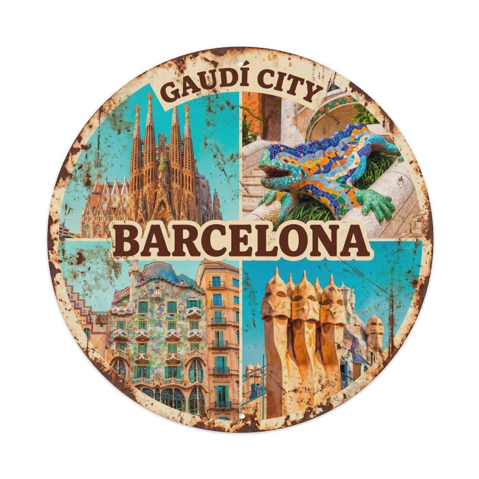 Barcelona Modernist City Vintage Spain Architecture Travel Metal Tin Sign Plaque Wall Decor for Cafe, Man Cave, Club Bar, Office, Home Garden Round Metal Poster 8x8Inch
