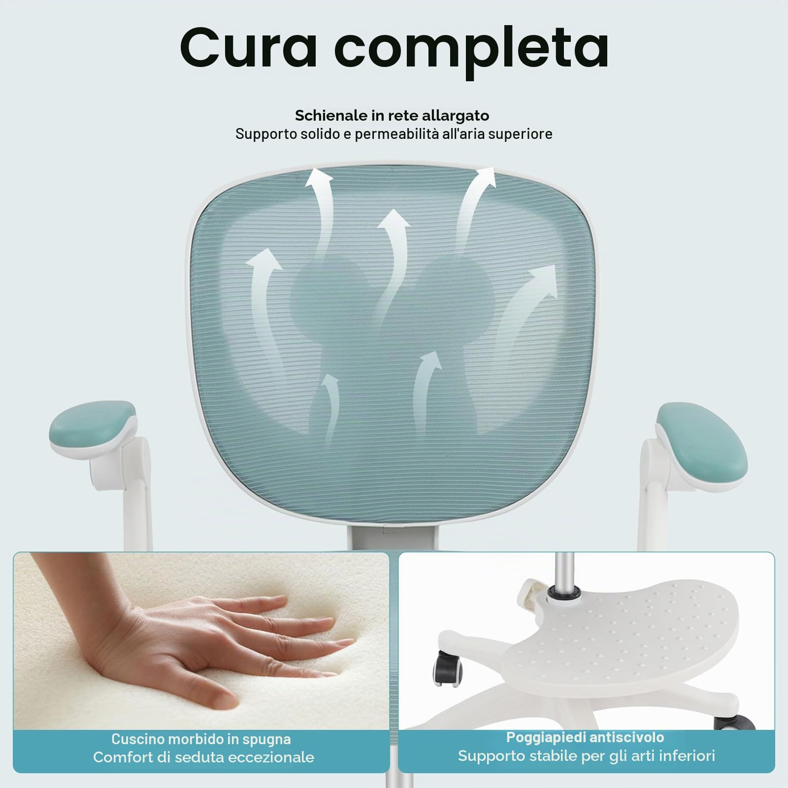 Sedia da scrivania per bambini, ergonomica, girevole a 360°, per bambini, regolabile in altezza, con braccioli e poggiapiedi, per adolescenti e ragazze (verde)