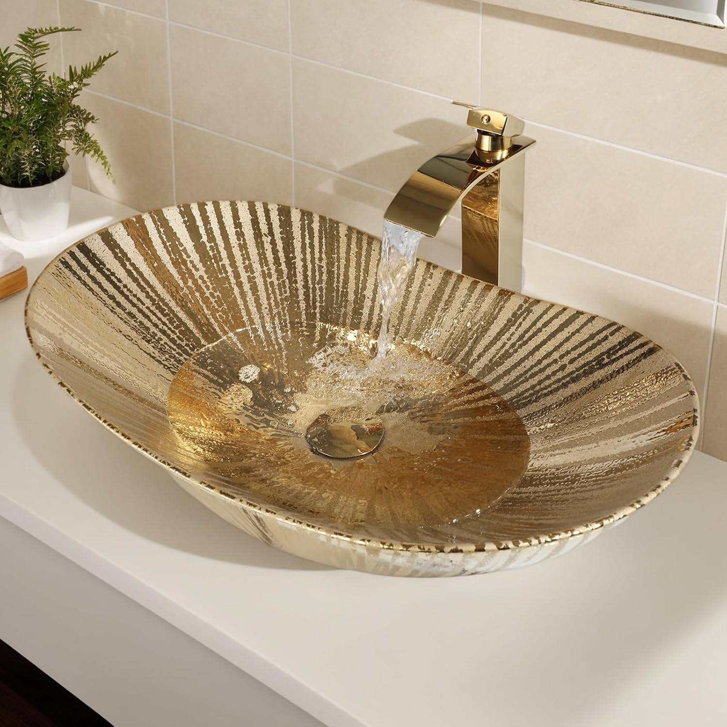 Gold Bathroom Vessel Sink Combos Faucet And Drain Set 24x14 Inch Oval Ceramic Basin Bowl Above Counter Bowl Sinks For Bathrooms Boat Shape Vessel Sink Gold Bathroom Sink Bowls