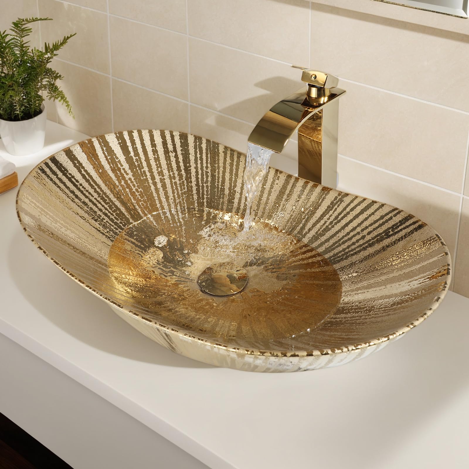 Gold Badezimmer Gefäß Waschbecken Oval Combos Wasserhahn und Ablauf-Set Keramik Waschbecken über Theke Schüssel Waschbecken für Badezimmer Bootsform Gefäß Waschbecken Gold Badezimmer