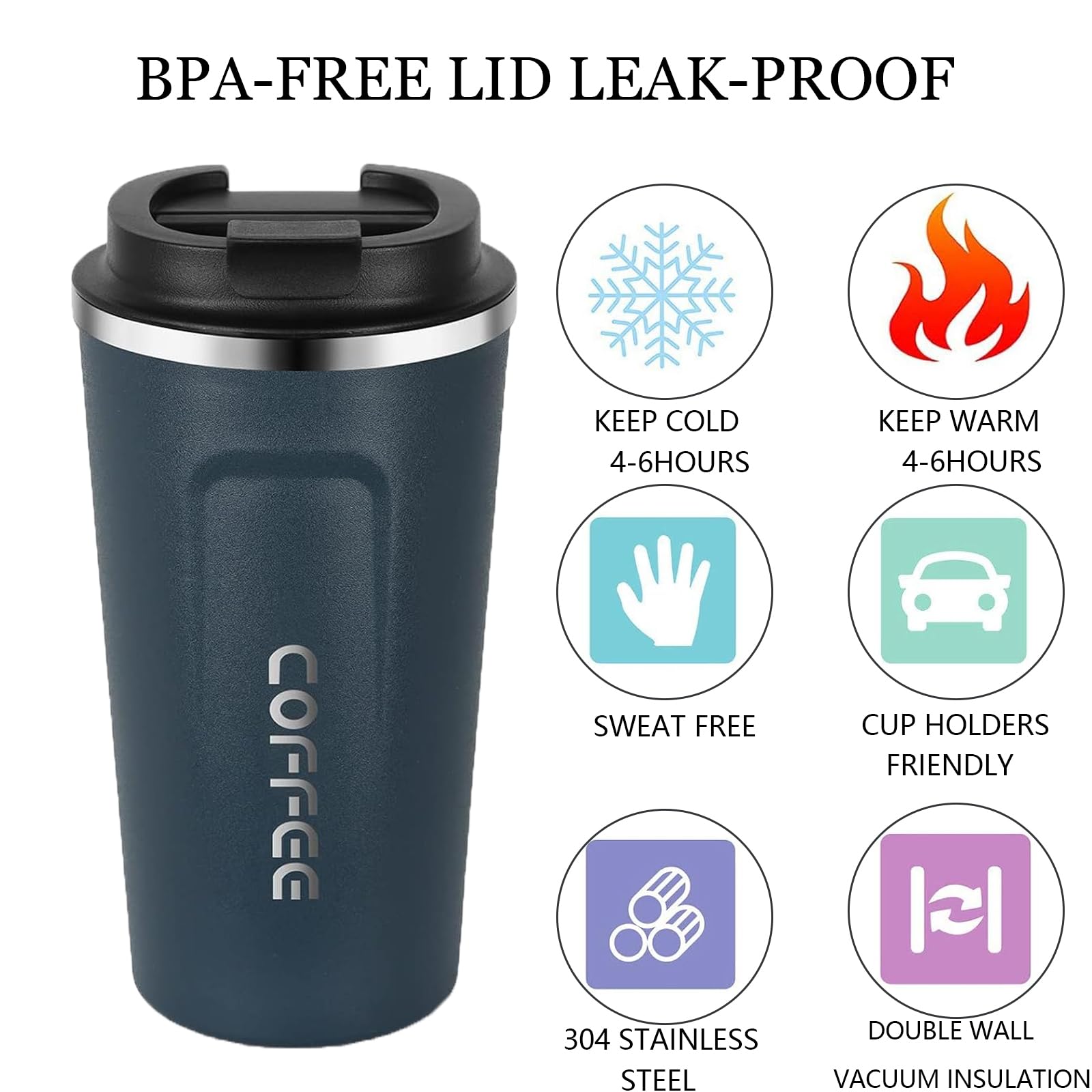 Shunshi Insulated Coffee Cup with Leakproof Lid - Reusable Travel Mug, Keeps Drinks Hot or Cold (Blue/510ML) - Image 3