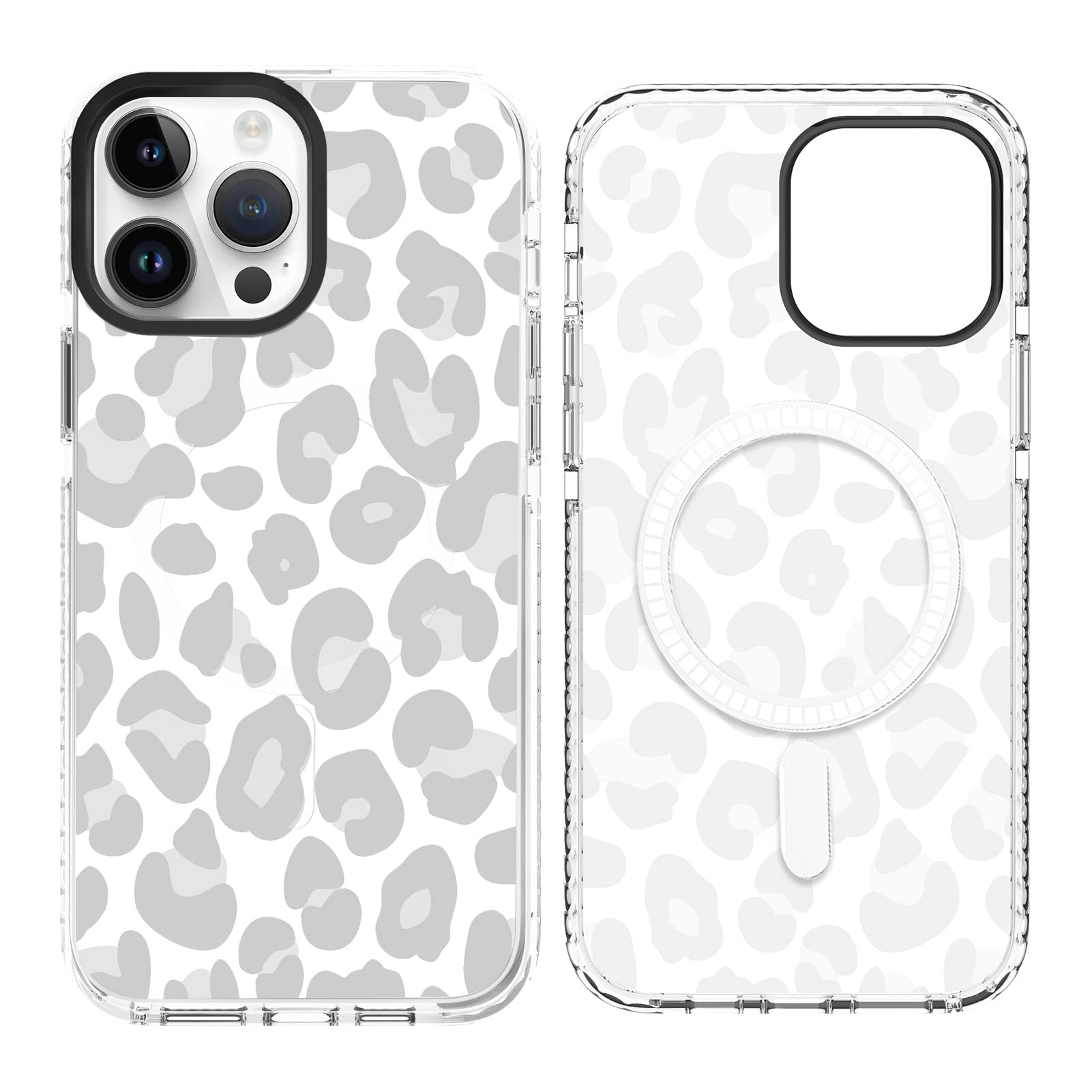 SAKUULO Magnetic for iPhone 14 Pro Max Case Light Gray Leopard Print Pattern [Compatible with MagSafe] Wireless Charge Slim Shockproof Case for iPhone