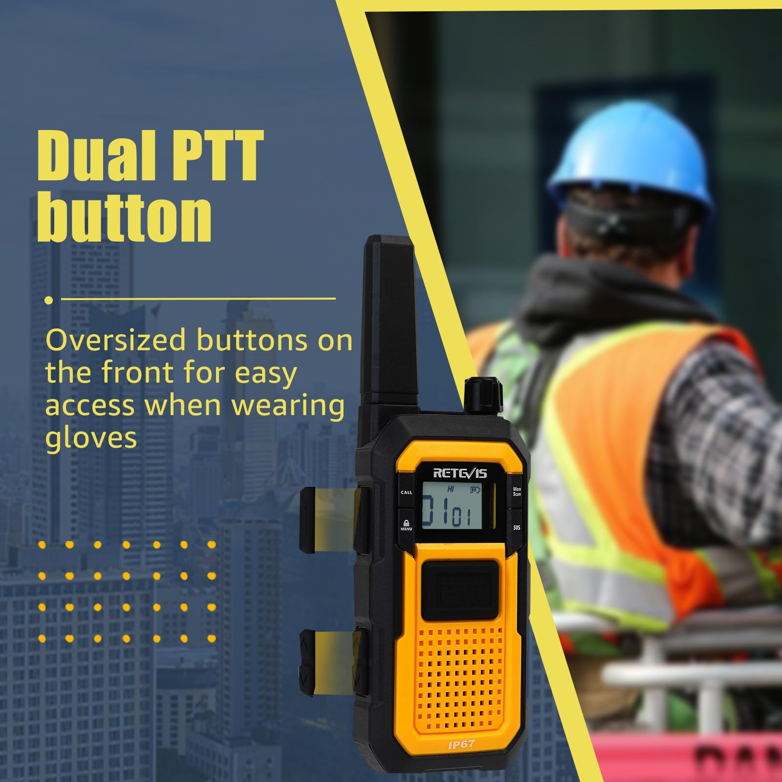 Retevis RB648 Walkie Talkie Impermeabile, Walkie Talkies Resistente, Tripla Prova Avanzata, IP67 Doppio PTT, Vibrazione SOS, Radio Bidirezionale 2000 mAh con Auricolare per Cantiere (2 Pezzi, Giallo)