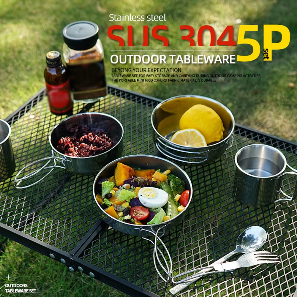 HUIOP Set di pentole da campeggio da 5 pezzi Kit di pentole da picnic portatili per esterni Stoviglie da viaggio in acciaio inossidabile Accessorio per la cucina Set di tazze per pentole,Accessorio da