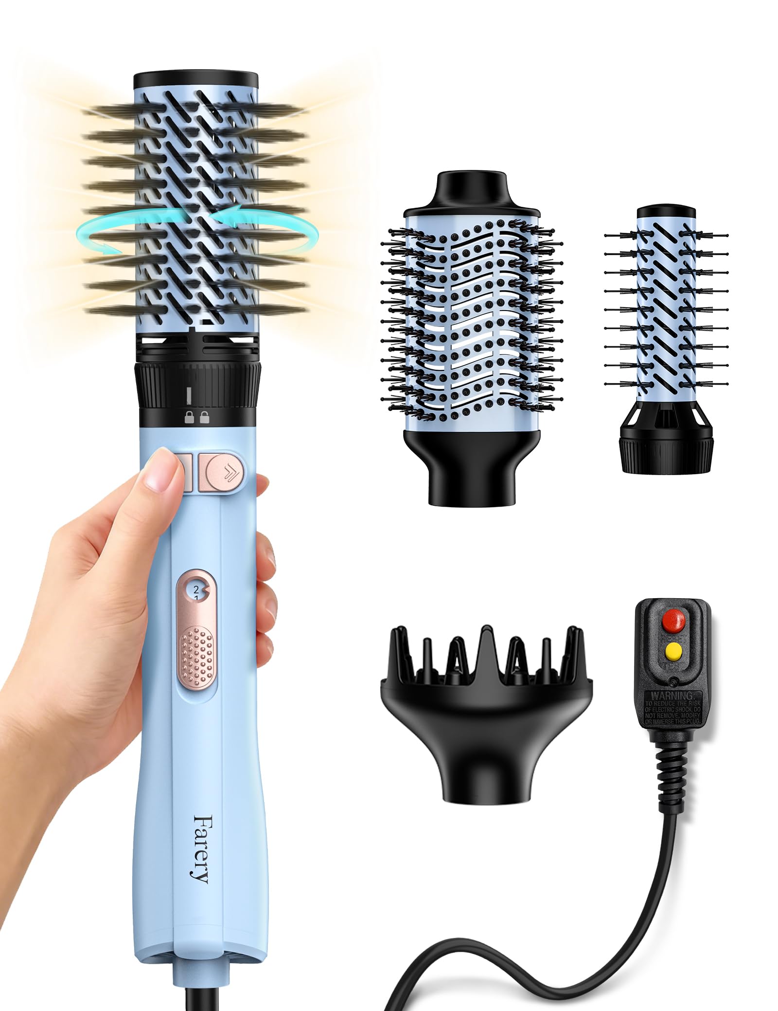 Farery Rotating Hot Air Brush Set 1000W — 4 in 1 Blow Dryer Brush Styler with Diffuser, Hold-to-Rotate Round Brush for Volume, Smooth & Curl, Best for