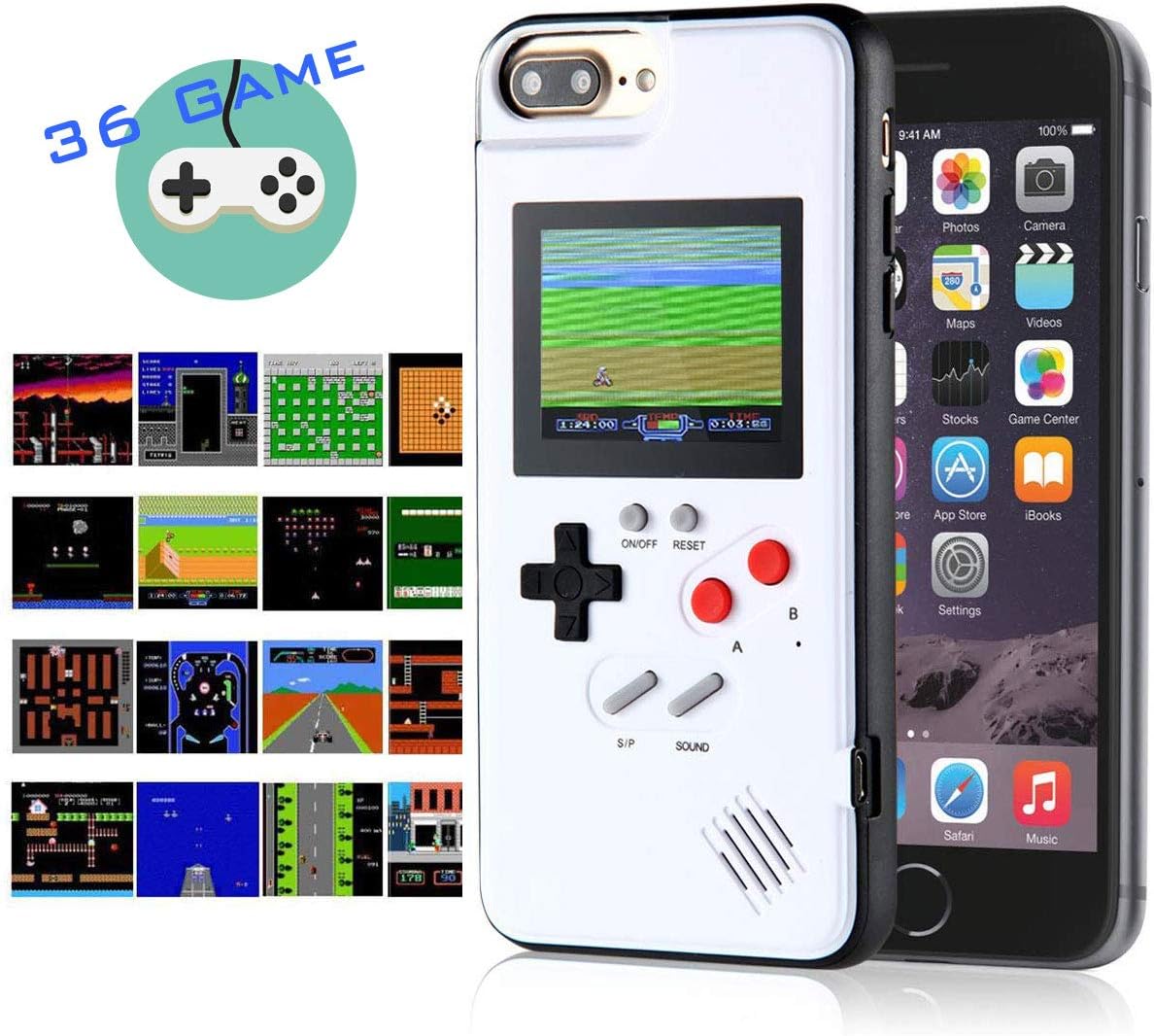 Gameboy iPhone Case Handheld Game Console Case Protective Cover, Gameboy Phone Case for iPhone 6/6s/7/8 Plus X XR XS Max with 36 Classic Retro Games (White, iPhone 6/6s/7/8)