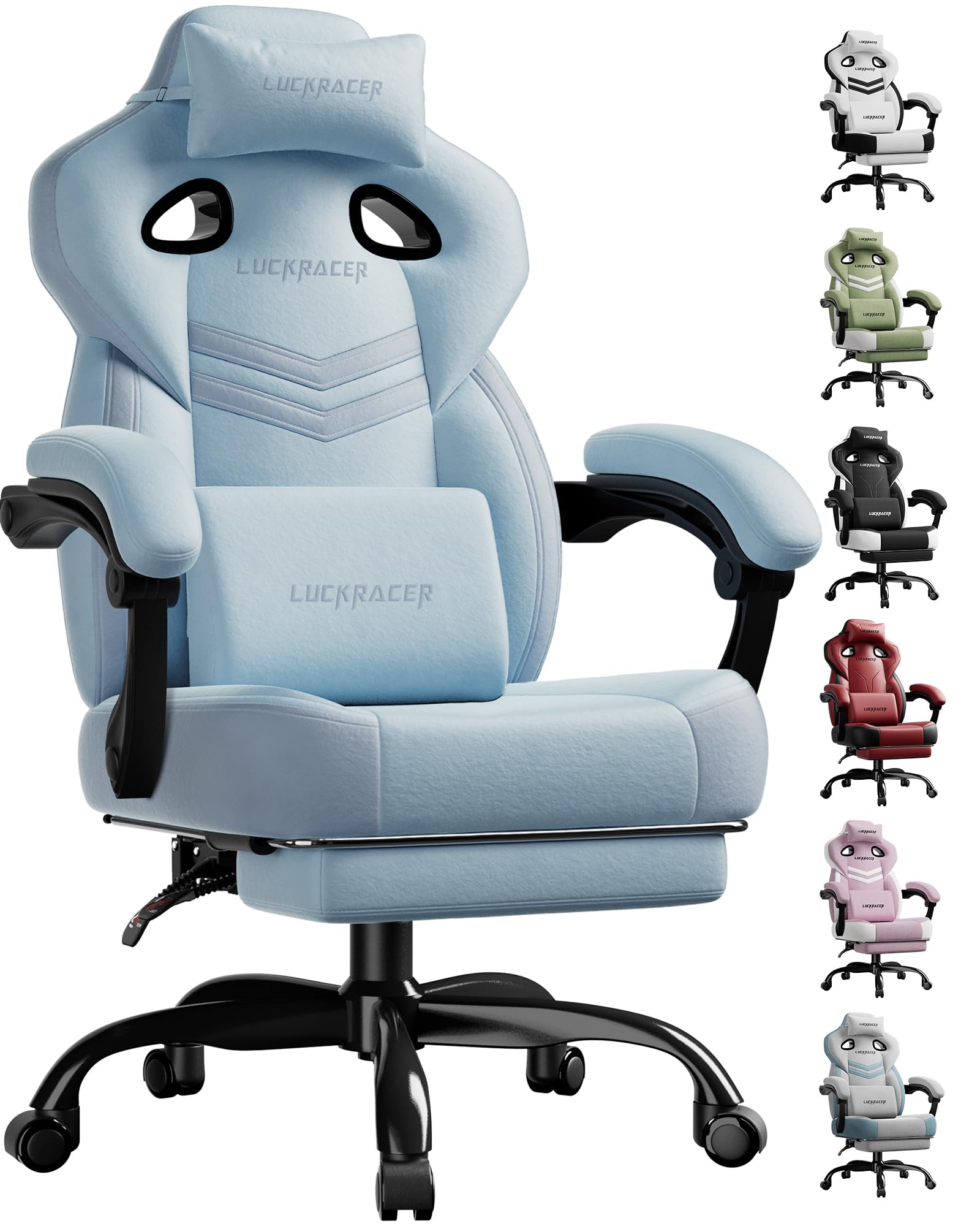 LUCKRACER Fabric Gaming Chair with Footrest, Ergonomic Computer Desk Chair with Pocket Spring Cushion Home Office High Back Support Lumbar Support Heavy Duty Wide