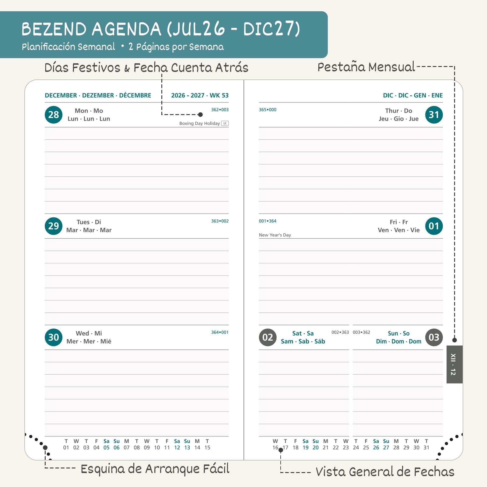 BEZEND Agenda 2026 2027 Semana Vista Pequeña 9 x 15,5 cm, 18 Meses Agenda Escolar de Bolsillo de Jul.26 a Dic.27, A6 Planificador Semanal con Tapa Dura Cuero PU - Negro