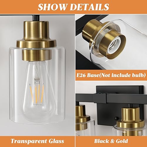 Miniatura 56 de Lámpara de tocador de baño, 4 luces, moderna lámpara de pared dorada mate con pantalla de vidrio transparente, luces de pared negras, lámparas