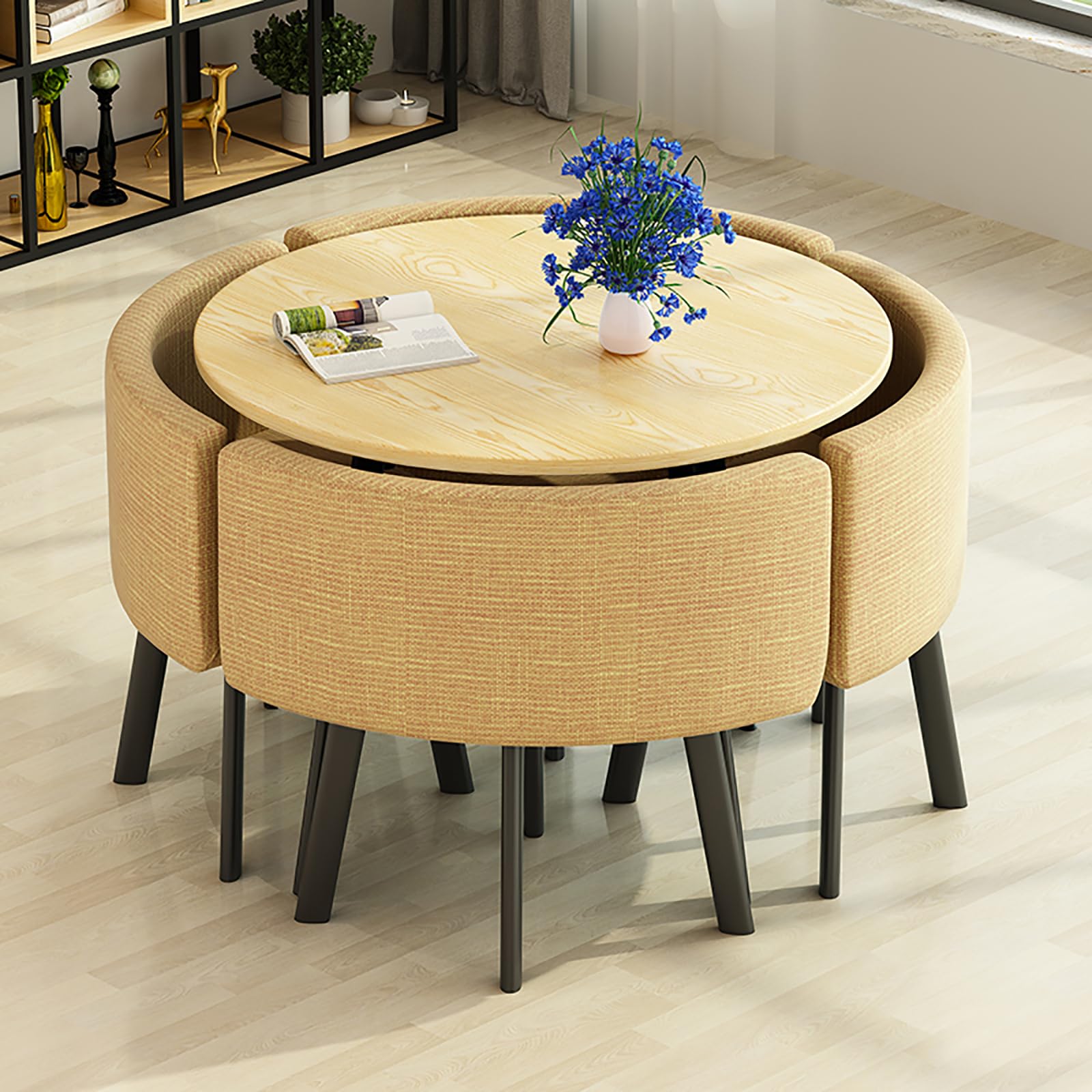 Juego de Mesa de Comedor compacta con 4 sillas, Ideal para Cocina, desayunador, Oficina, cafetería, tapizado de Lino y algodón Duradero, Mesa Redonda compacta F8