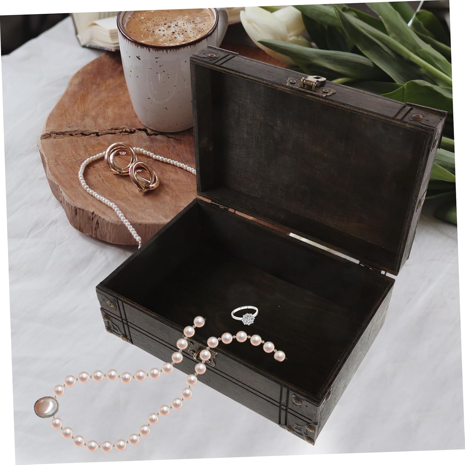LIFKOME Wooden Treasure Chest Vintage Style Jewelry Box Decorative Storage Case for Cosmetics
