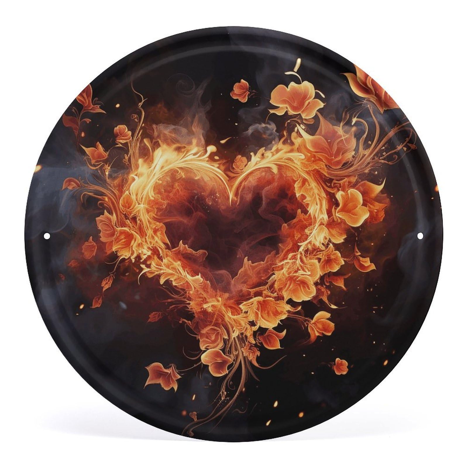 Fodpand Style Fire Flowers And Heart Round Wall Art Hanging Decorations, Wall Decor Modern Minimalist Artwork, Tin Sign Hanging Picture For Living Room, Bedroom, Office, Hallway, 11.8X11.8 Inch
