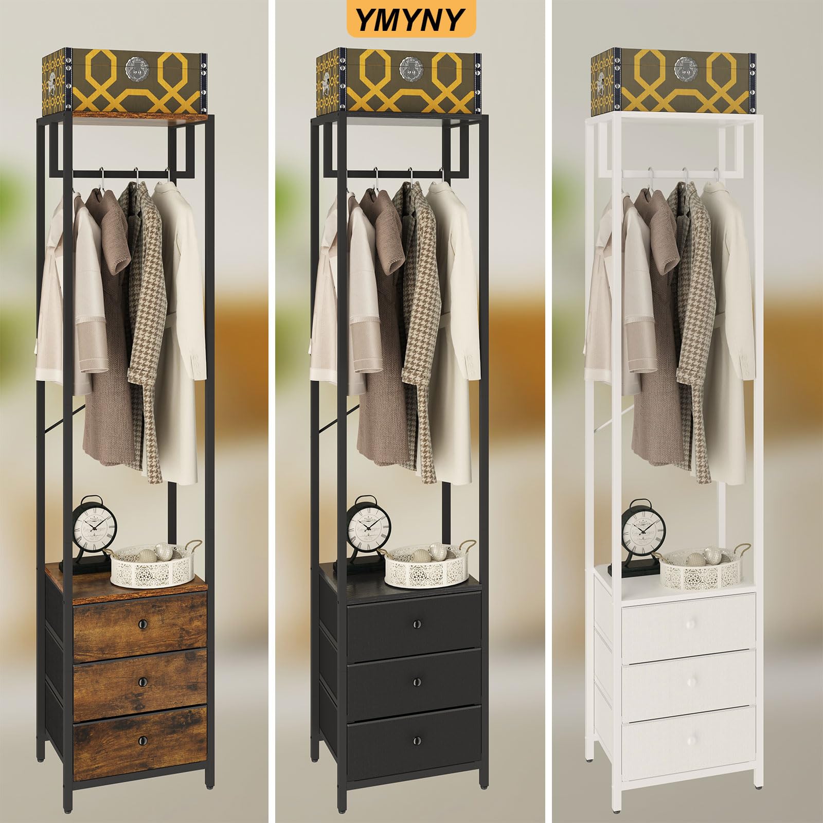 YMYNY Porte-Manteaux, Portant à Vêtements avec Tiroirs, Organisateur de Vêtements Autoportant, Porte-Manteau avec Tringle pour pour Entrée, Chambre, Salon, 39×29×179CM Blanc HGR001W