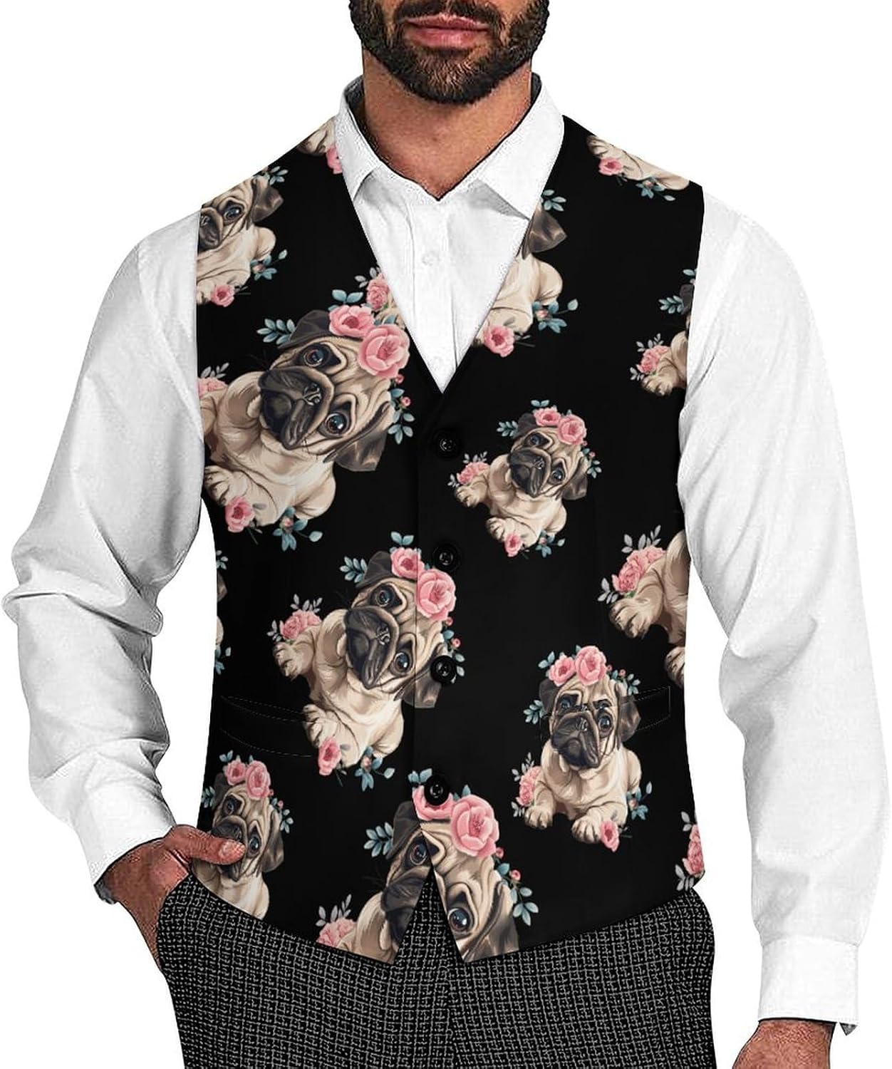 Pug Dog Flowers Men's Suit Vest Formal Vests Casual Dress Fit Waistcoat Casual Tuxedo for Business