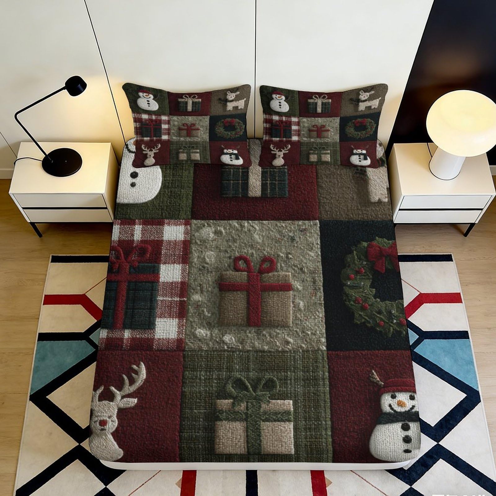 Jqzkxnhpbr Style-1 3D Printed Christmas Patchwork Fitted Sheet Microfiber Soft Anti-Slip Plaid Gift Bed Cover Bedroom Decor 90X200x25cm