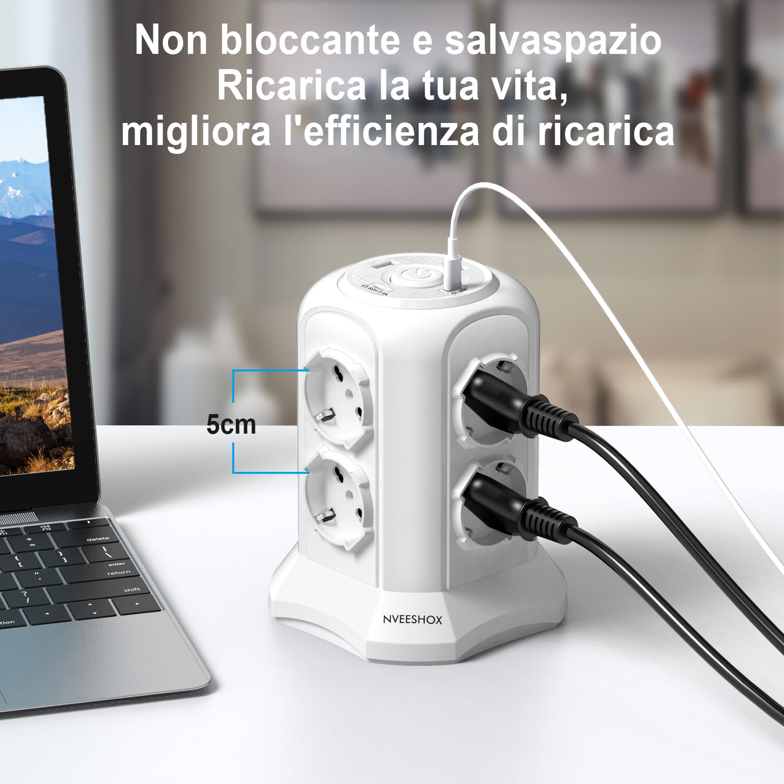 NVEESHOX Multiprise avec 8 prises universelles ITA 10/16 A et Schuko, 2 USB-C et 2 USB-A (20 W PD3.0), 4000 W/16 A, tour de protection surtension avec interrupteur, 2 m câble (blanc)