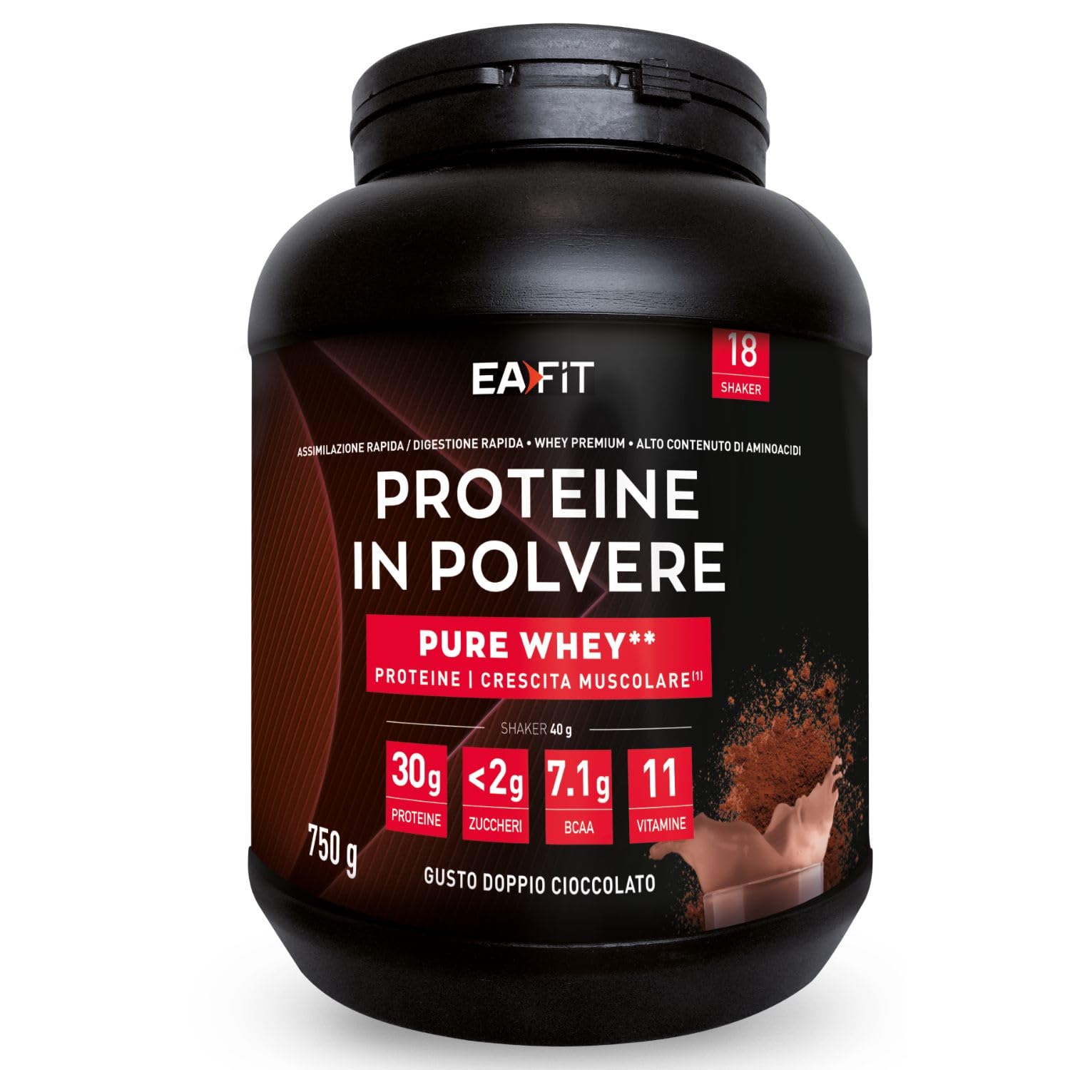 Eafit Pure Whey Proteine in Polvere - Doppio cioccolato 750 g - Crescita Muscolare - Rapida Assimilazione - Contiene Aminoacidi ed Enzimi Digestivi - Complesso HIGH AMINO - Certif Anti-doping