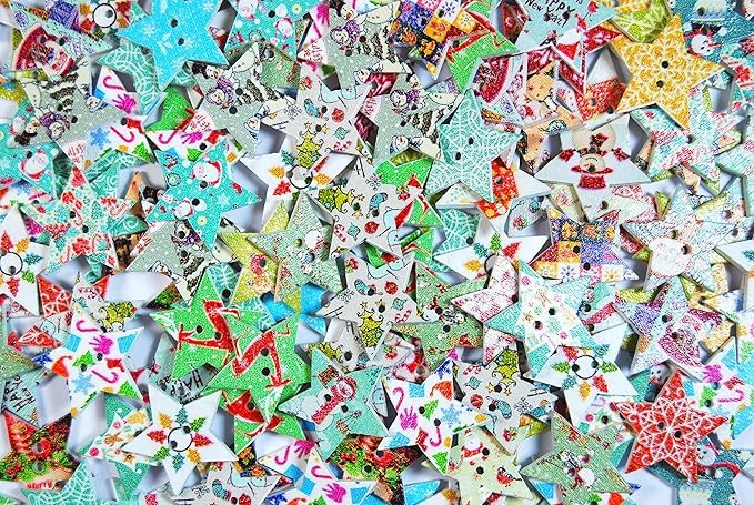 celloexpress Wooden Christmas Buttons Printed Shaped and Decorative (Christmas Stars Type 2, Pack of 50)