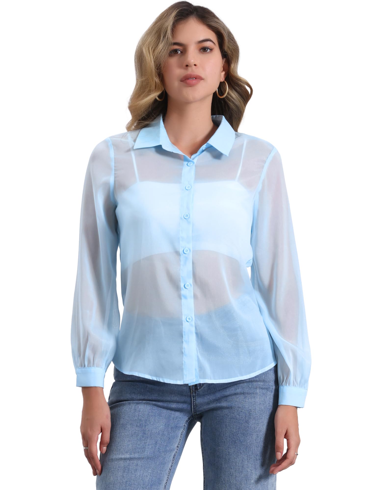 Allegra K Chemisier transparent à boutons pour femme en maille transparente à manches longues
