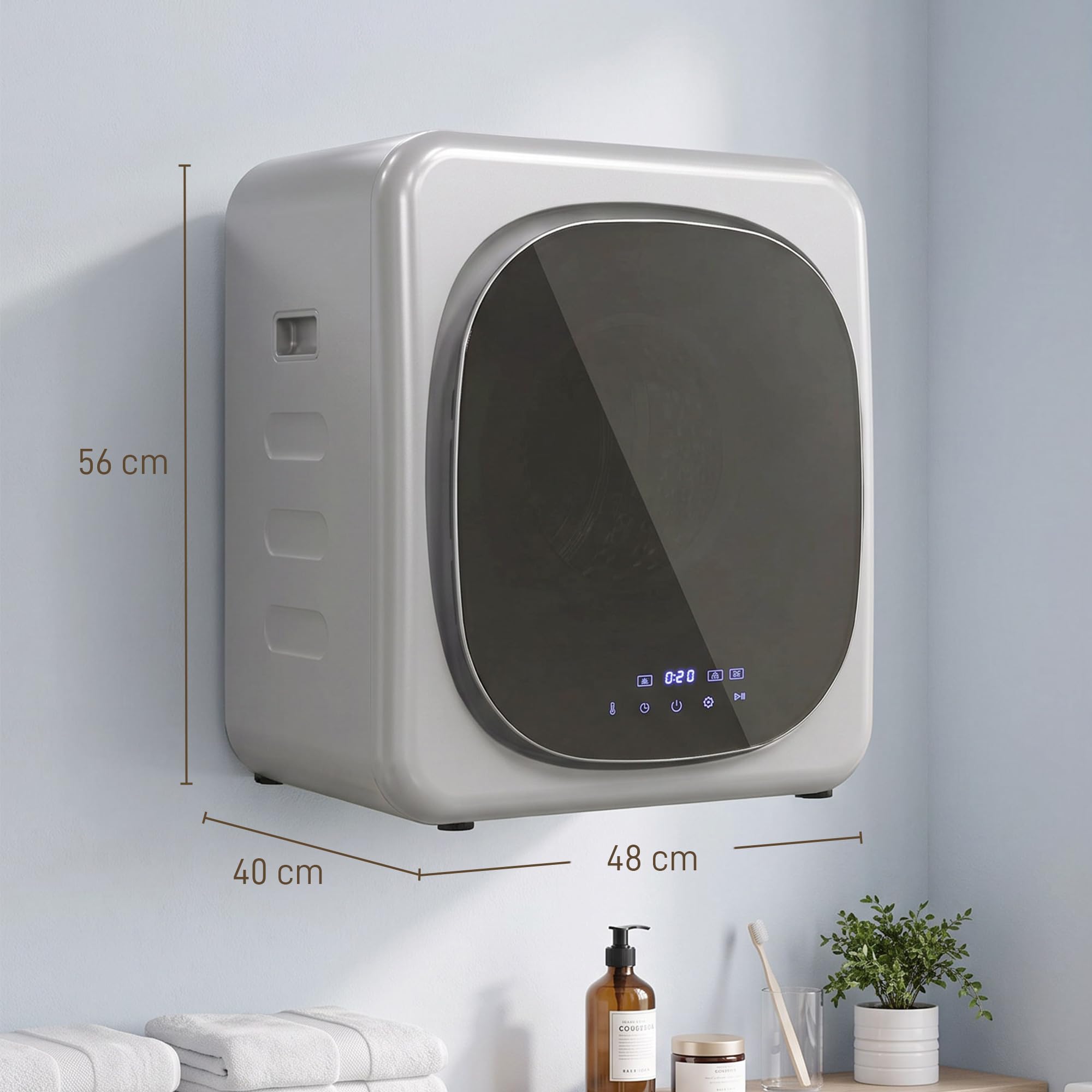 HOMCOM Secadora de Evacuación 3 kg Compacta 800W Pantalla Táctil Plata | Secadora de Ropa, Función Antiarrugas, Control Temperatura y Tiempo, Carga Frontal, Tambor Inox, Montable en Pared o Suelo