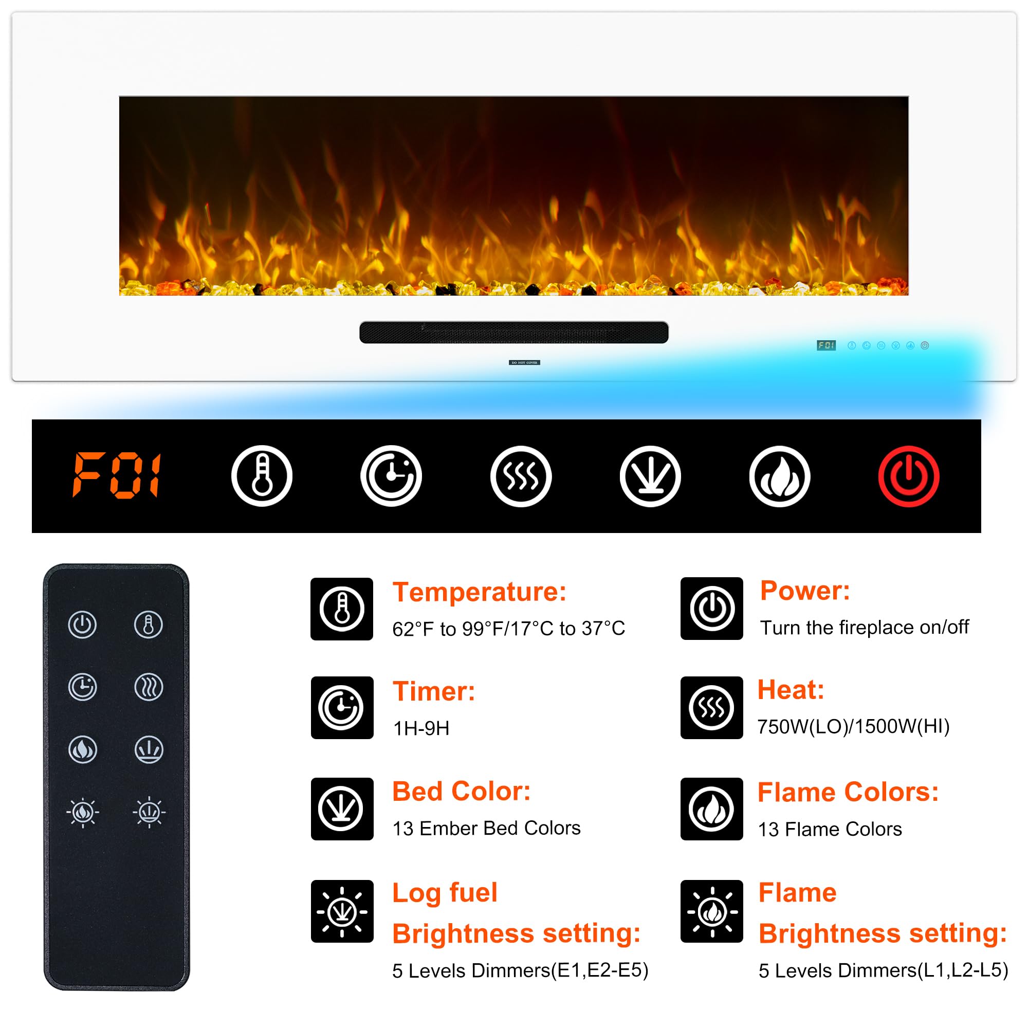 Oxhark Flame 50 inch Electric Fireplace, Recessed & Wall Mounted Fireplace Heater with Remote Control and 750/1500W Thermostat, Multicolor Flame Combinations, Logs & Crystal, White