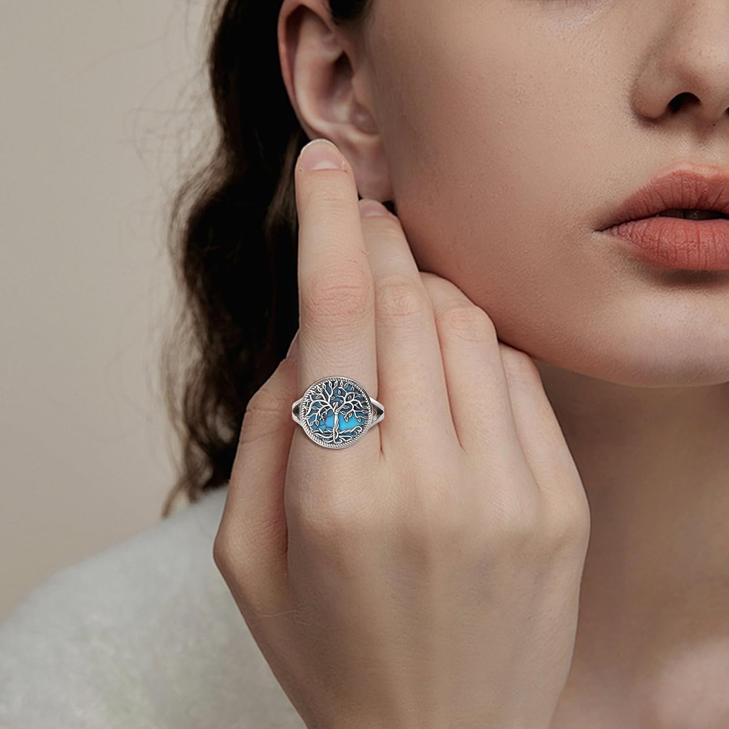 EUDORA S925 Sterling Silver Tree of Life Ring Mother Tree Turquoise Abalone Rings for Women Mom, Vintage Tree of Life Adjustable Ring Jewelry Mother's Day Gifts for Women Mother Mom Wife
