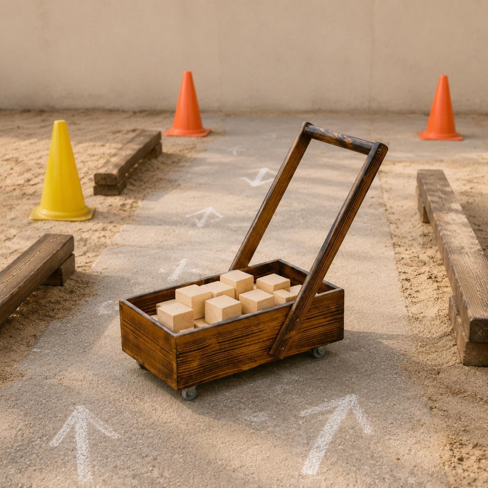 Carrello in Legno Carbonizzato Ruote Girevoli Carretto Miniatura con Manico Struttura Robusta Giocattolo da Trainare per Età Prescolare, Esterno