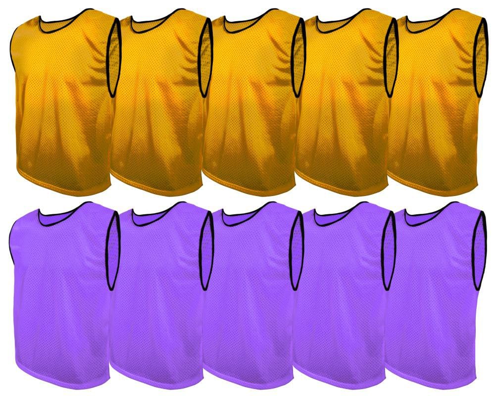 SPORTSBIBS Training Bibs Pack of 10 Football Vests Sports Practice Pinnies Soccer Rugby (5x Purple + 5x Brown, M 155-169cm (Juniors))