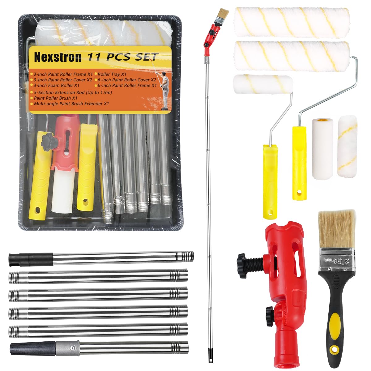 KIT COMPLET DE PEINTURE 11 PIÈCES, ROULEAUX DE PEINTURE AVEC PERCHE D'EXTENSION 1,9 M, PINCEAU MULTI-ANGLES, BAC À PEINTURE POUR MURS, BORDS ET PLAFONDS