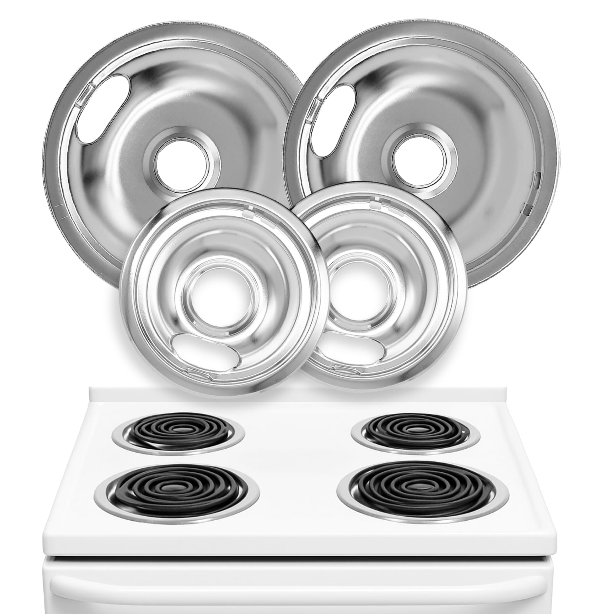 Electric Stove Drip Pans Set of 4 (2 x 6-Inch &amp; 2 x 8-Inch) Stove Drip Pans for Electric Stove for Whirlpool, Maytag, KitchenAid &amp; More - Compatible with W10196405 &amp; W10196406 Stove Burner Drip Pan