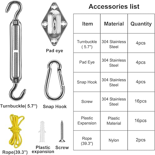 Miniatura 5 de GoosWexmzl Kit de herramientas para toldo, kit de accesorios de acero inoxidable para triángulo, cuadrado, rectangular, instalación de toldo para