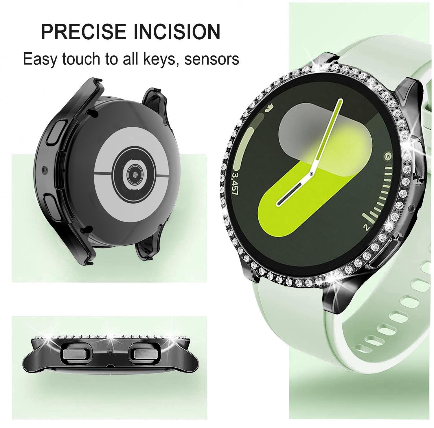 DEALELE [2-PACK] Case Compatible with Samsung Galaxy Watch 5/4 44mm, Bling Single-Row Diamond PC Protective Case Replacement Watch Cover Bumper (44mm, Gold+Transparent) — view 236