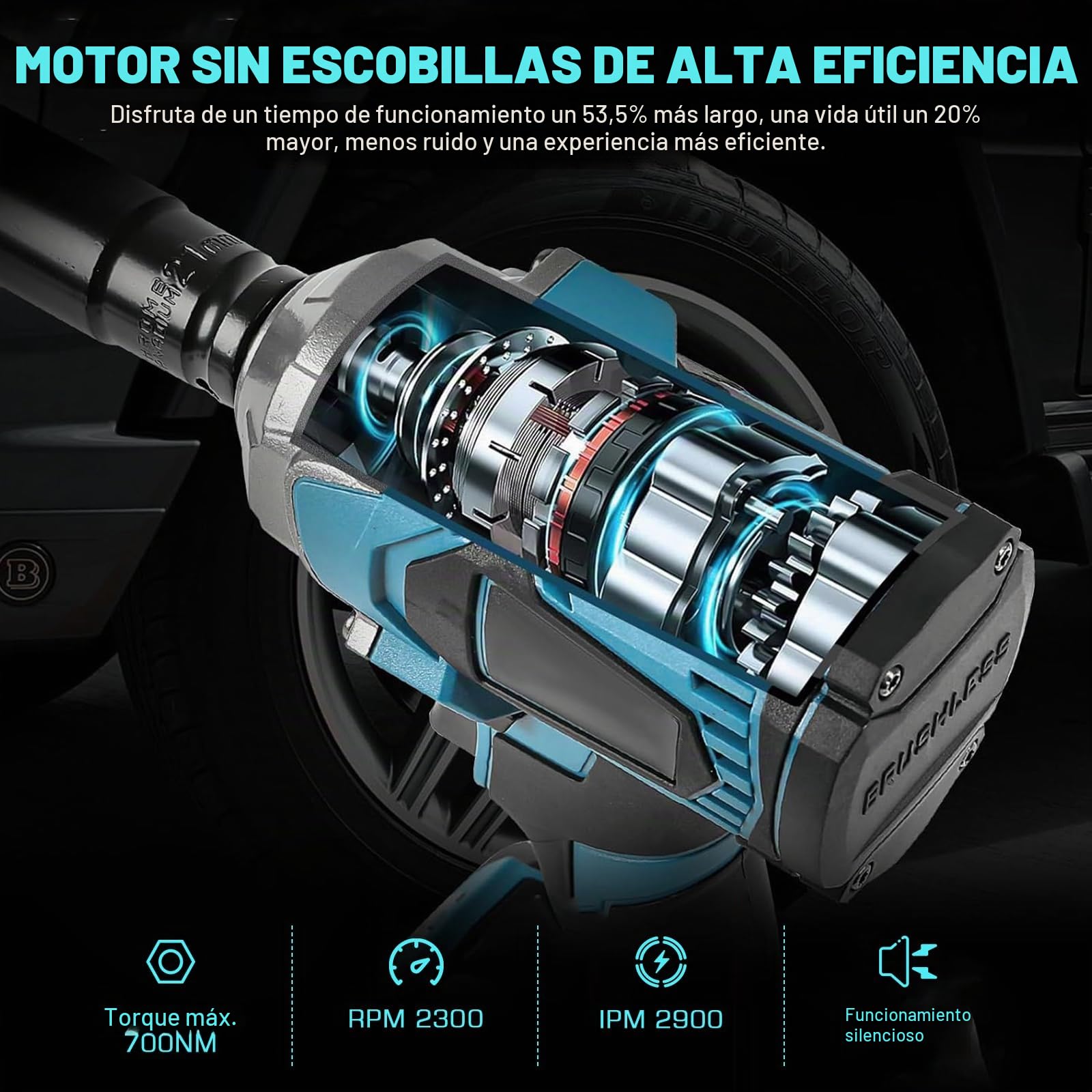 LIROPAU Llave de Impacto Inalámbrica Brushless 700Nm Atornillador Impacto | Brushless Pistola de Impacto Bateria 1/2 Pistola de Impacto Electrica con 2x3.0Ah Baterías,6 Tomas de Impacto