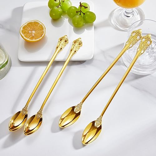 Miniatura 4 de KEAWELL Lujoso juego de cucharas de té helado de 9 pulgadas de largo, 4 piezas, diseño magnífico con acabado pulido de espejo excepcional, acero