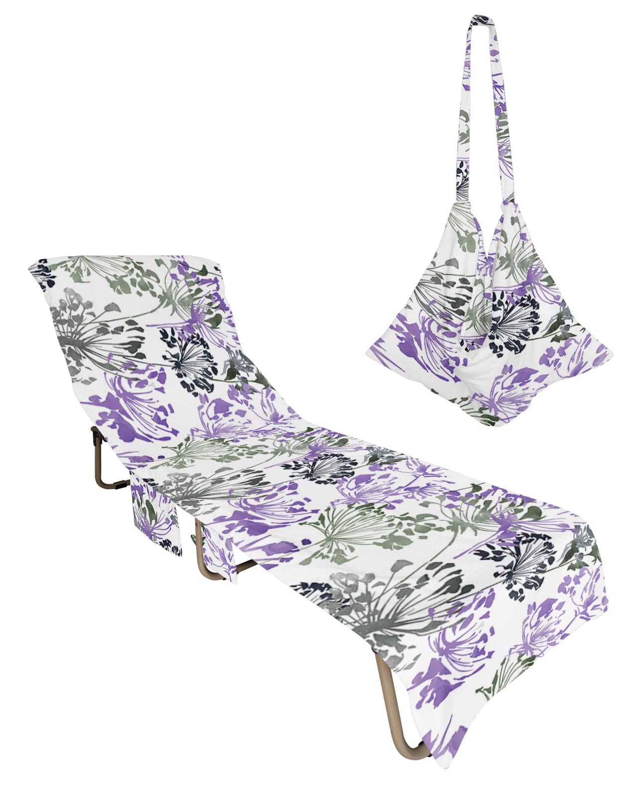 Abstract Flower Beach Chair Towel Covers for Chaise Lounge with Side Pocket, Soft Plush Pool Towels Cover for Patio Sunbathing Outdoor 29''x85'' Contemporary Watercolor Art