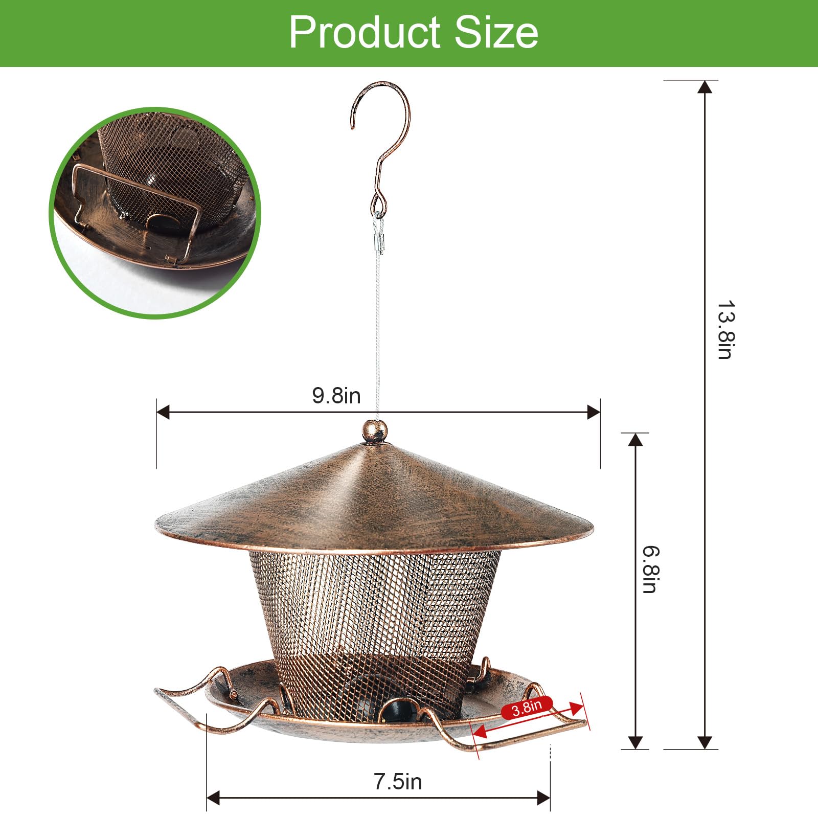 Bird Feeder Hanging, Squirrel Proof Bird Feeders for Outdoors and Garden, Heavy Duty Metal Wild Bird Seed Feeder with 9.8" Roof, 3 LBs Seeds Capacity, Weatherproof Yard Decoration — view 2