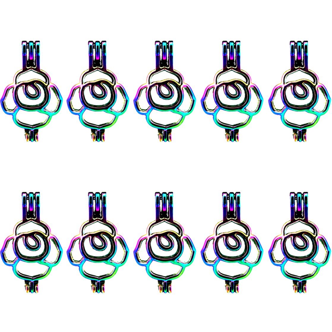 (10 Pack) Rainbow Color Rose Beads Cage - Pearl Cage Pendant Locket Charms