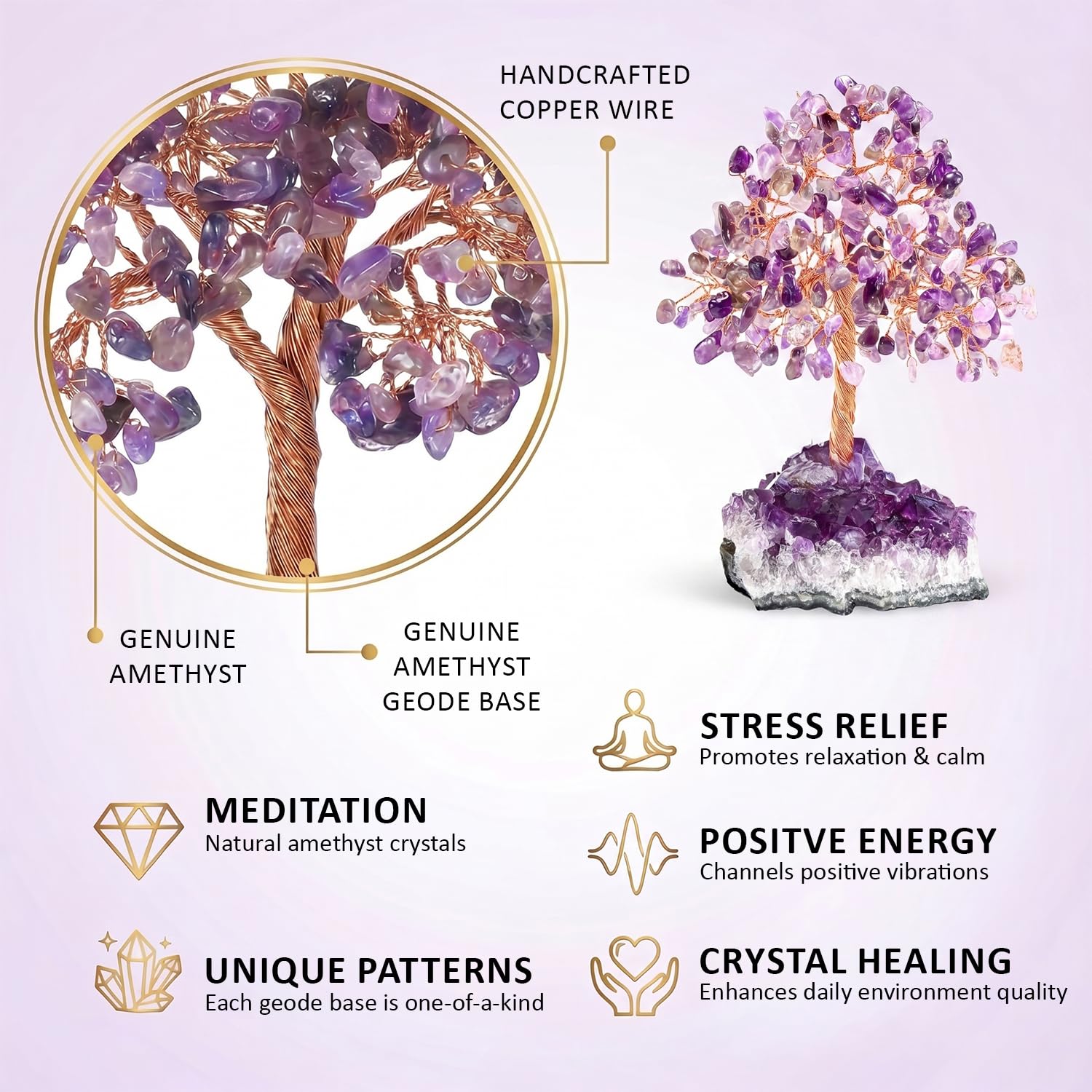 Amethyst Kristallbaum, handgefertigter Edelsteinbaum Lebensbaum, 16 cm Feng Shui Geldbaum Deko für Büro, Wohnzimmer und Schreibtisch, Geschenk für Frauen(Amethyst)
