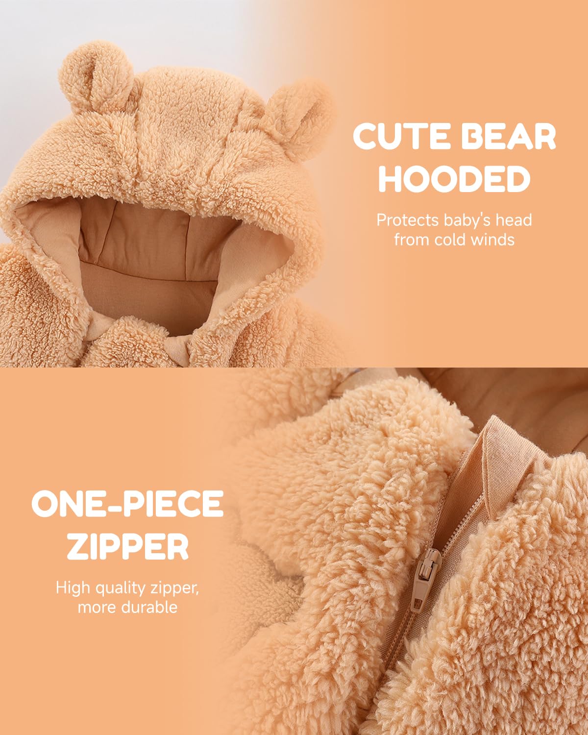 WYTbaby Tuta invernale in pile caldo, per bambini, con cappuccio, per bambini, 0-12 mesi
