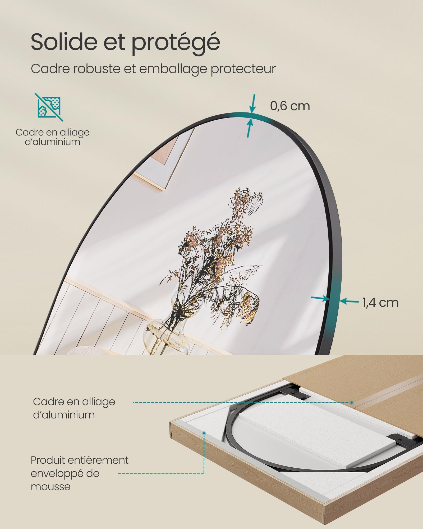 SONGMICS Miroir Intégral, 160 x 50 cm, Miroir Arqué sur Pied, à Poser au Sol, Cadre en Alliage d’Aluminium, Verre Trempé, pour Chambre, Salon, Dressing, Noir d'encre LFM031B01