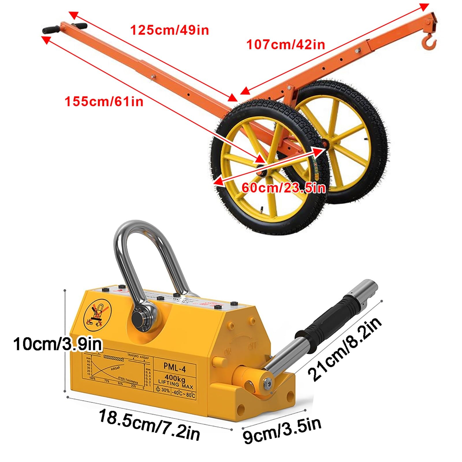 Carrello di sollevamento magnetico per pozzetto, regolabile, resistente, capacità di 399,2 kg, con magneti di sollevamento e 2 pneumatici per un facile sollevamento e trasporto