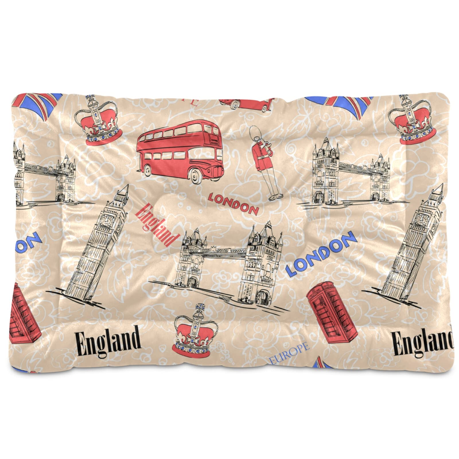 Poeticcity Vintage England London Big Ben Red Bus Crown Human Dog Cat Bed Mat, Soft Crate Pad Mattress Cushion for Small Medium Pets, Anti Slip Sleeping Kennel Mat Washable & Dry 36x24 inch