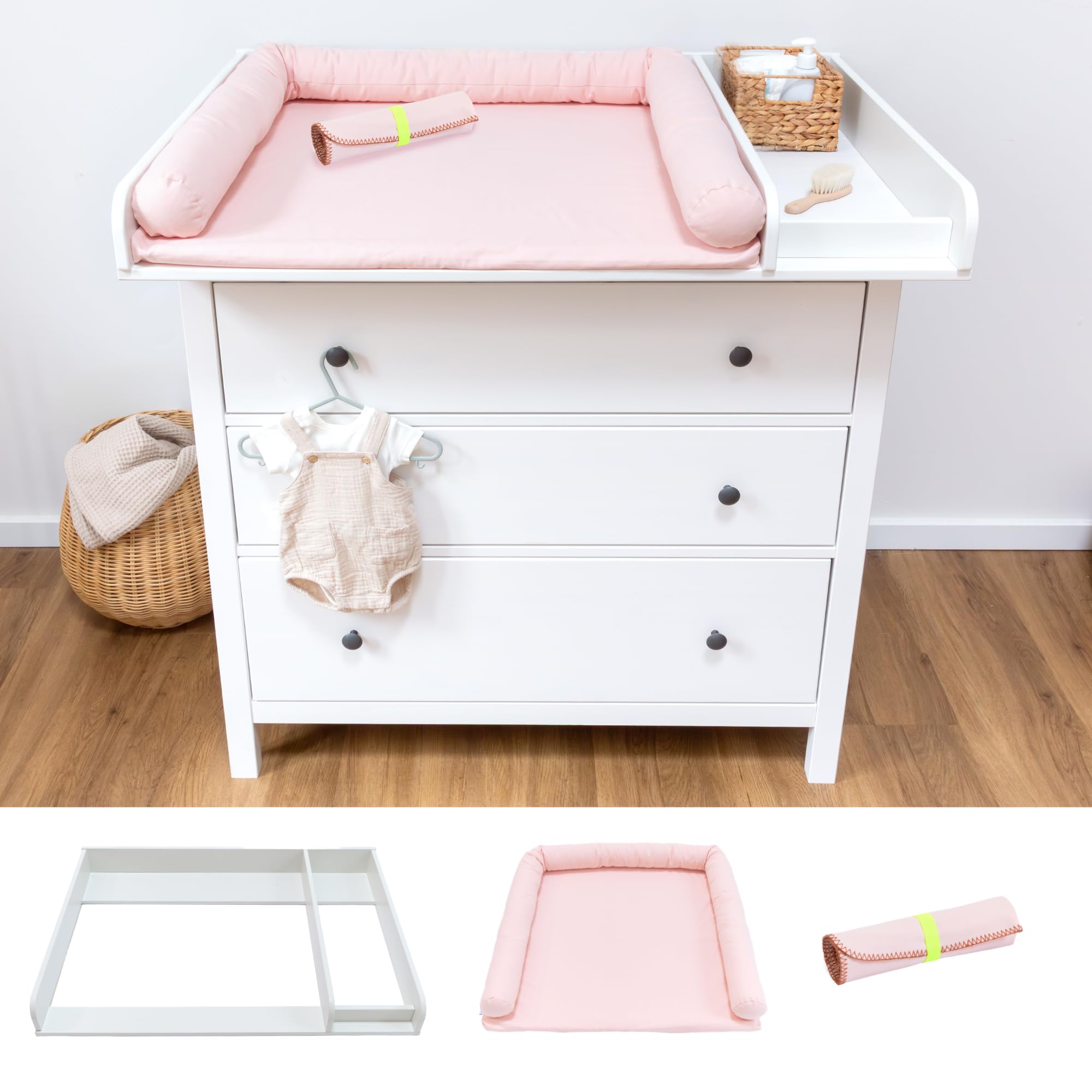 LIMMALAND Wickelaufsatz Set für IKEA HEMNES 108 cm – Aufsatz sowie Wickelauflage & Umrandung aus 100% Baumwolle