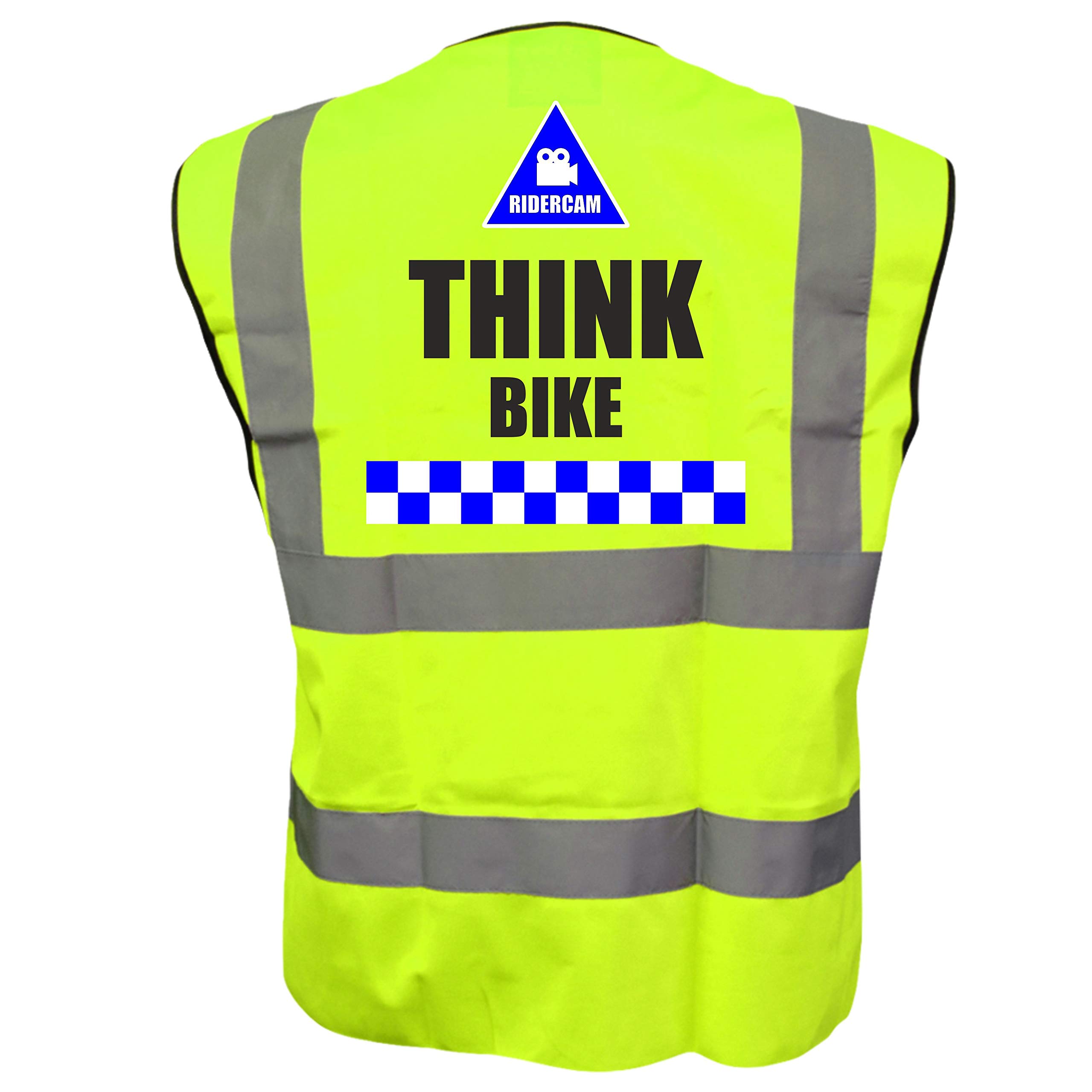 RIDERCAM THINK BIKE Hi Viz Vis Vest Cycle Bike Reflective Waistcoat Jacket Safety Road Safety Visibility Medium