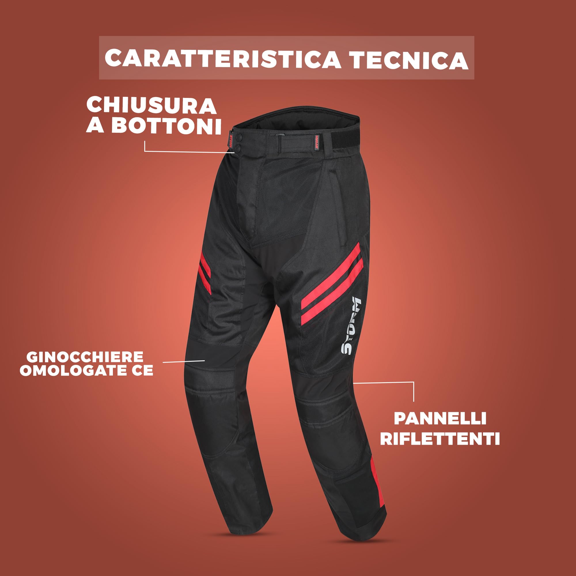 STORM Pantaloni da Moto Estivi da Uomo con Protezioni omologate CE – Pantaloni in Mesh Traspirante con Protezioni Rimovibili su Ginocchia e Fianchi