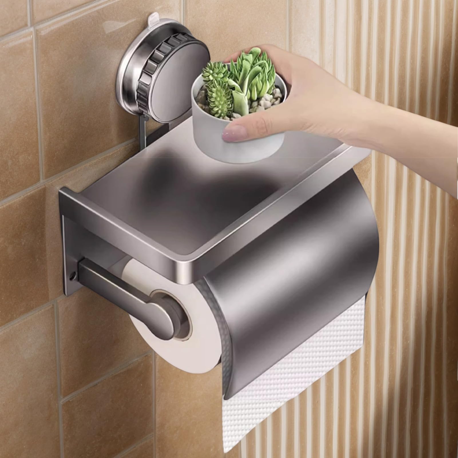 Porta carta igienica con ripiano, in acciaio inox, senza foratura, con ventosa, cromato lucido, grigio