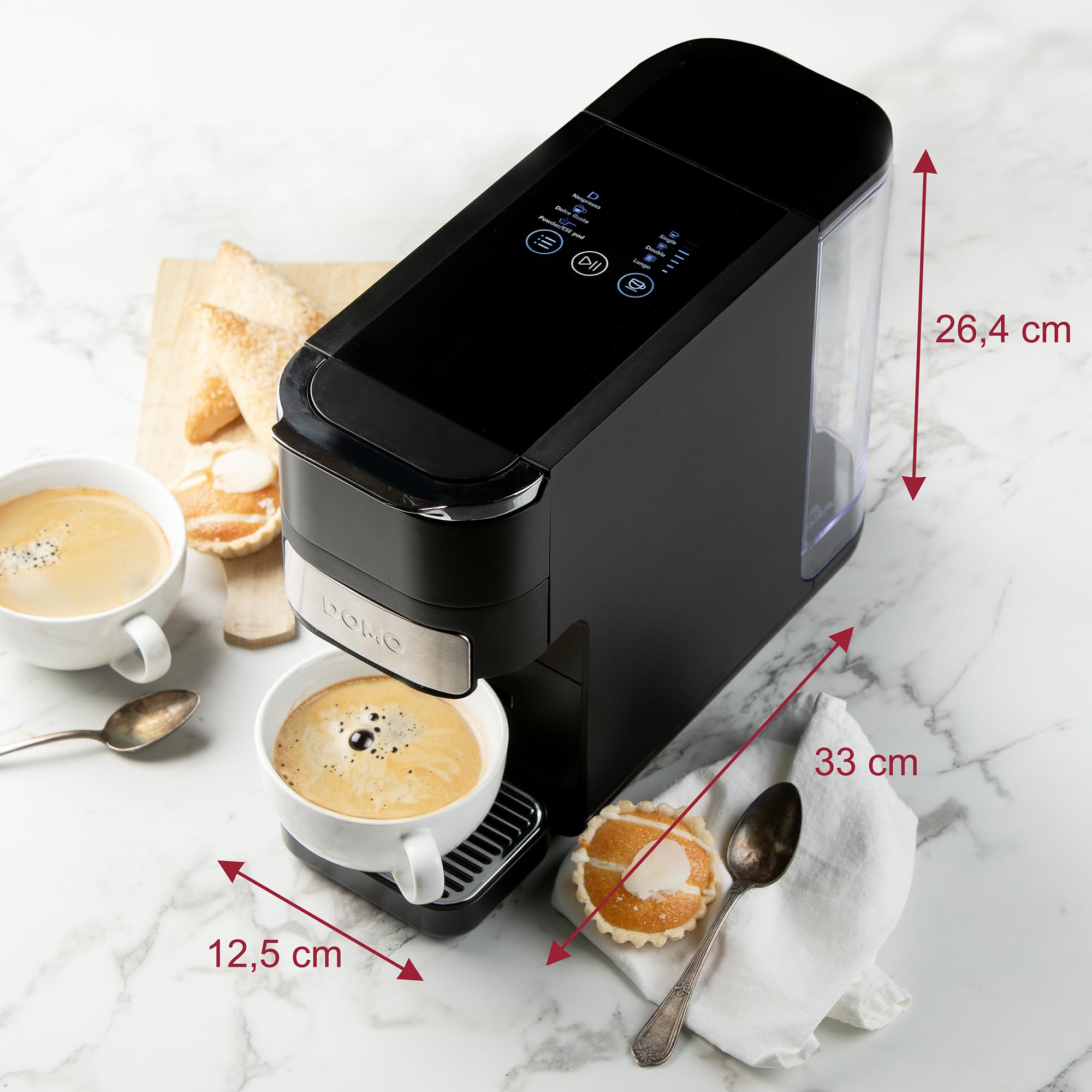 DOMO DO748K Máquina de café de cápsulas 4 en 1 – Cafetera espresso y capuchino para Nespresso, Dolce Gusto, ESE y café molido – Control táctil – Cuchara dosificadora con tamper