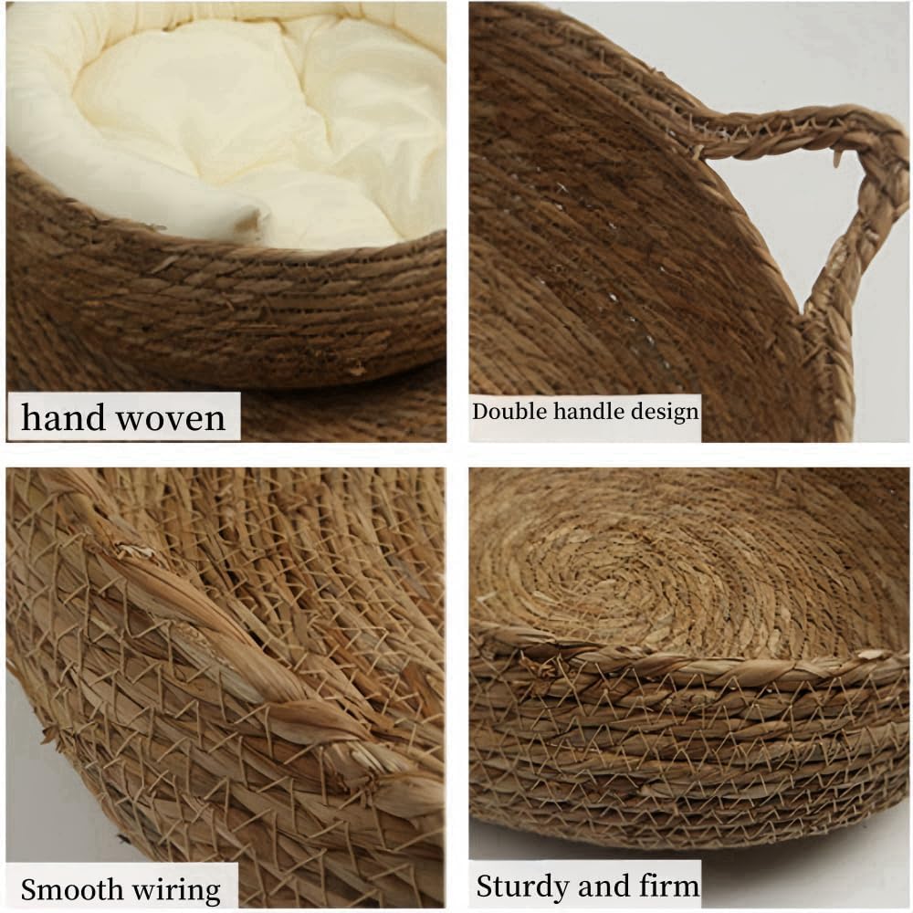 سرير قطط شبه مغلق من الراتان، سرير قطط داخلي قابل للغسل، سرير دائري للقطط مع لوح خدش للقطط، سرير كبير منسوج للقطط مع وسادة ناعمة، سرير للقطط قابل للازالة للحيوانات الاليفة